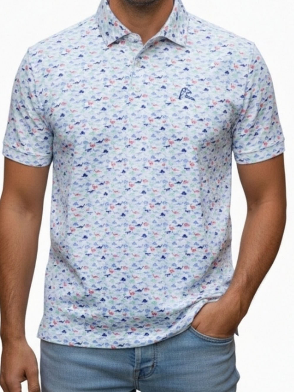 Rhoback Mens Big Foot Dinosaur Performance Short Sleeve Polo Size Large